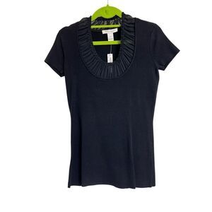 White House Black Market Knit Top Womens Small Black Ruched Neck Silk Blend NWT